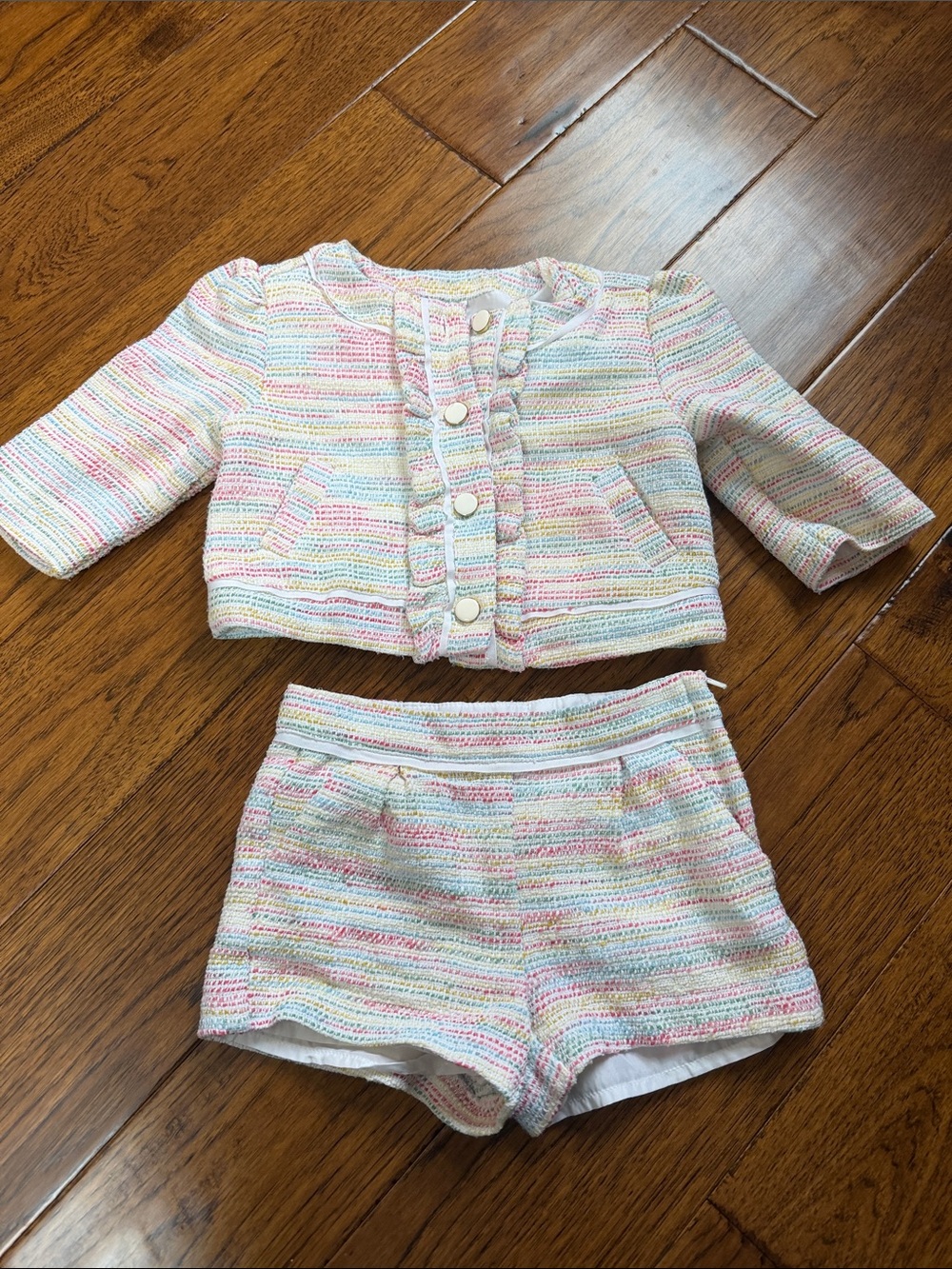 Pastel Multi-Color Tweed Two-Piece Set - Cropped Jacket & Shorts